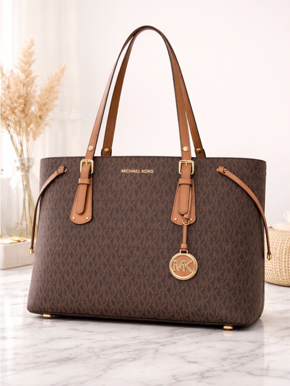 Michael Kors Brown MK Signature Tote with Gold Charm